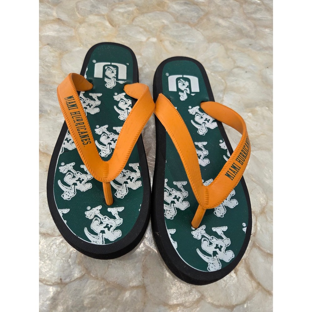 Miami Hurricanes NCAA Flip Flops Green Orange Sebastian Sandals womens 6-7